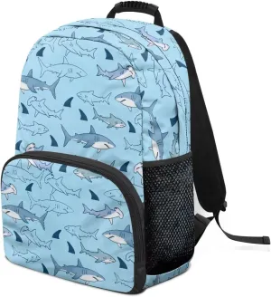 Trendy All-Over Print Laptop Backpack for Girls & Boys - Cartoon Shark Pattern Print Durable Polyester School Bagpack with Two Mesh Side Pockets, Padded Shoulder Straps (17.3x12.2x5.9in)