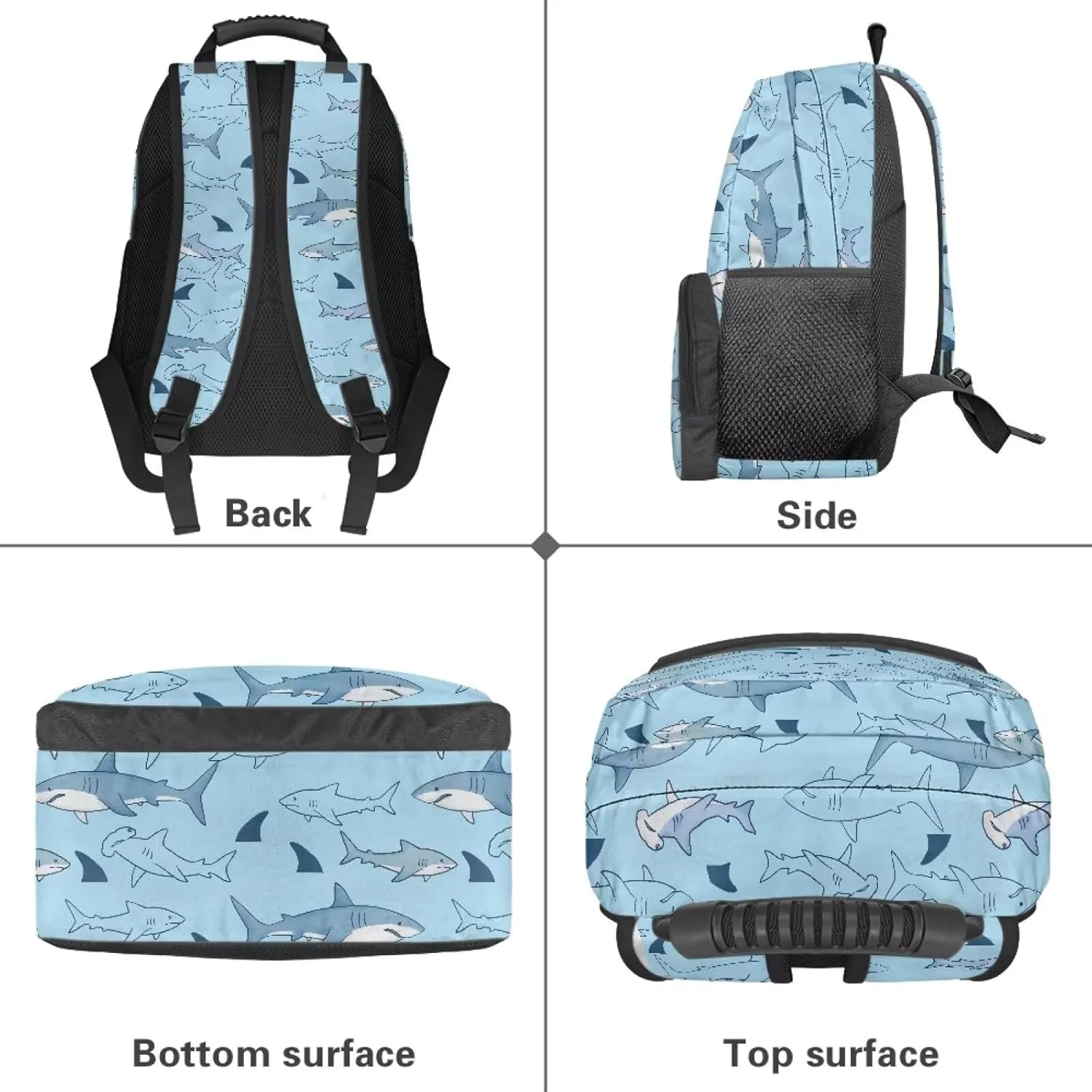 Trendy All-Over Print Laptop Backpack for Girls & Boys - Cartoon Shark Pattern Print Durable Polyester School Bagpack with Two Mesh Side Pockets, Padded Shoulder Straps (17.3x12.2x5.9in)