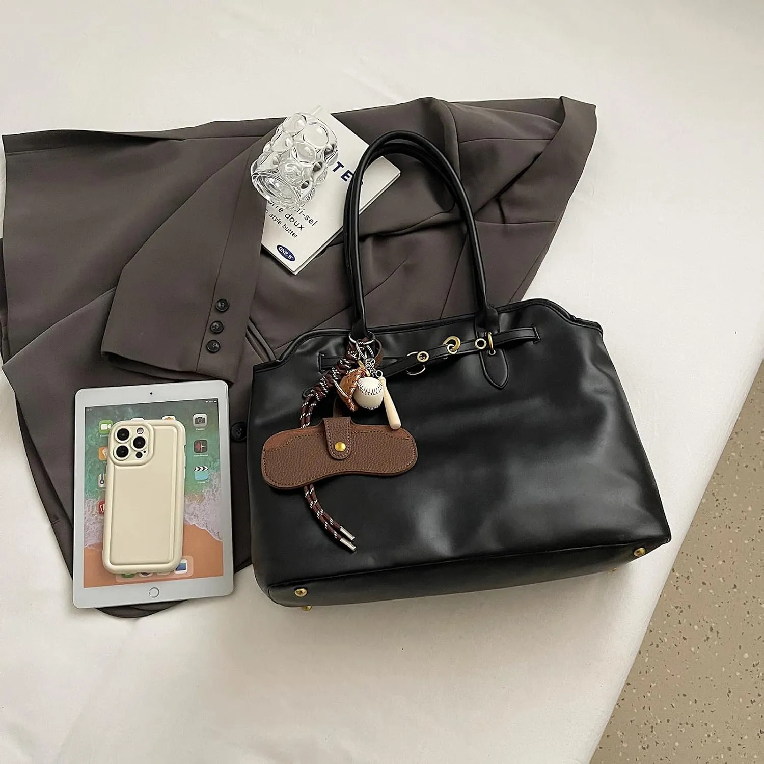 Trendy Tote Bag for Women PU Leather Vintage Work Tote Top Handle Travel Handbag