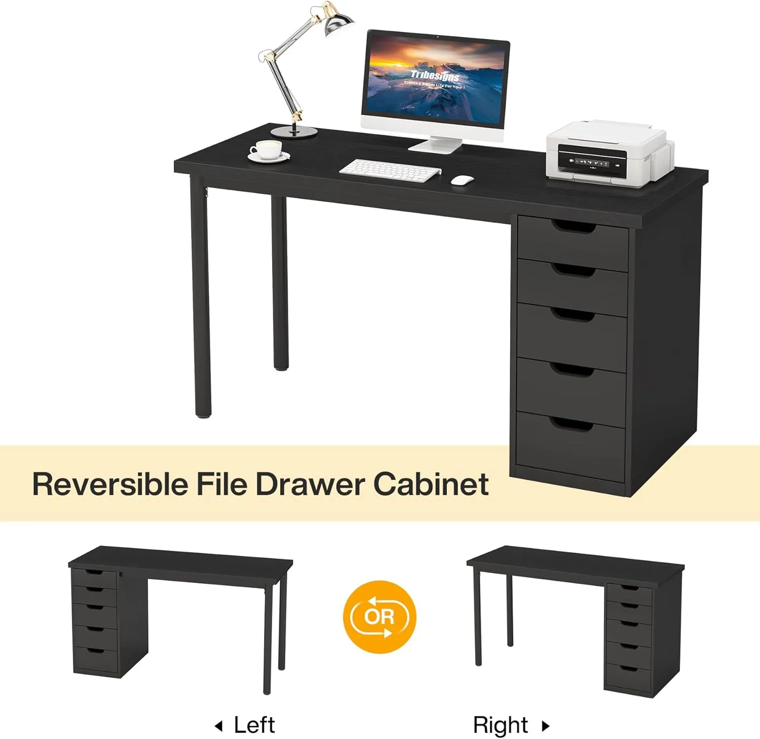 Tribesigns Computer Desk with 5 Drawers, 47 inches Rustic Brown Home Office Desk with Storage, Modern Simple Laptop Desk Study Writing Table for Small Spaces (1, Black)