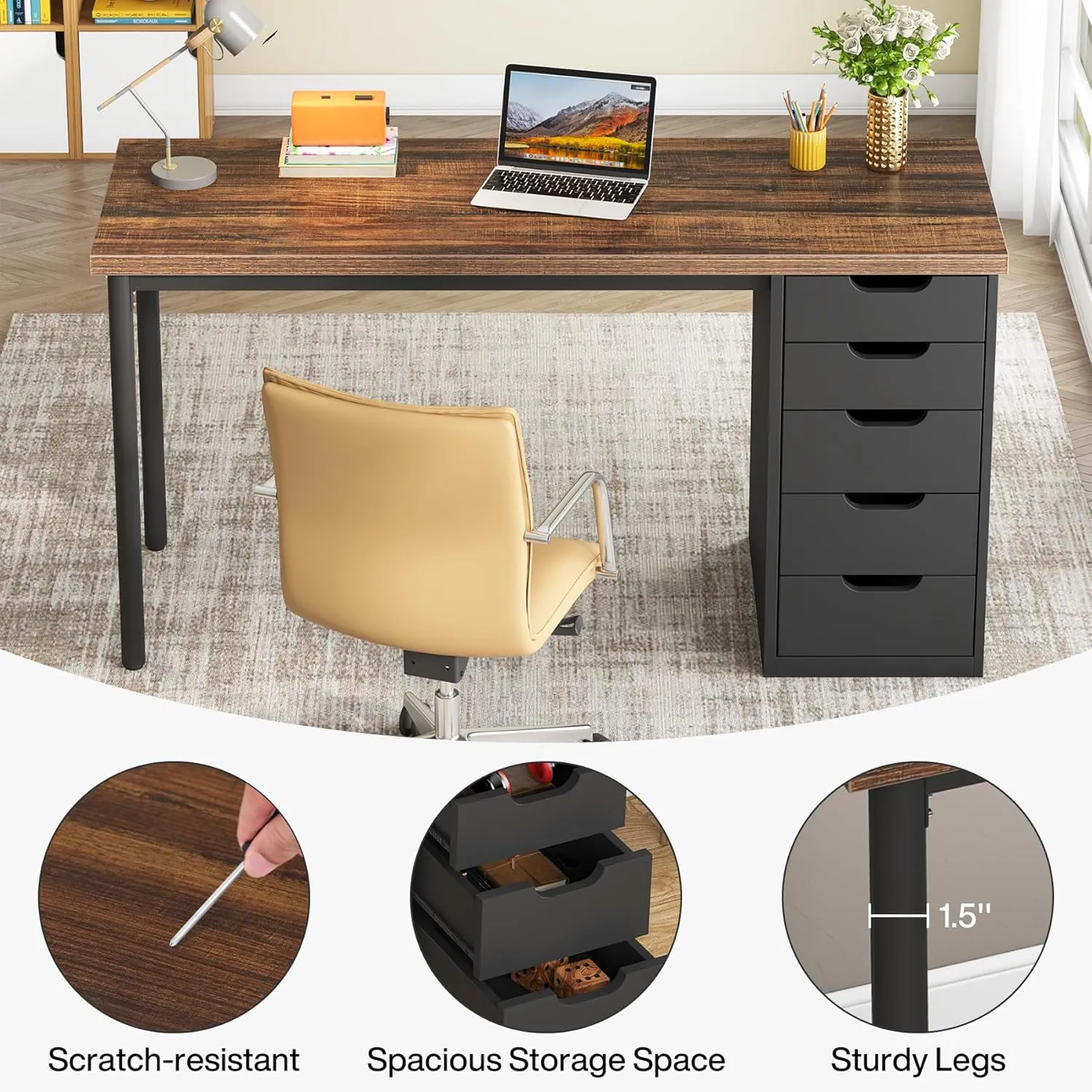 Tribesigns Computer Desk with 5 Drawers, 47 inches Rustic Brown Home Office Desk with Storage, Modern Simple Laptop Desk Study Writing Table for Small Spaces (1, Brown Black)