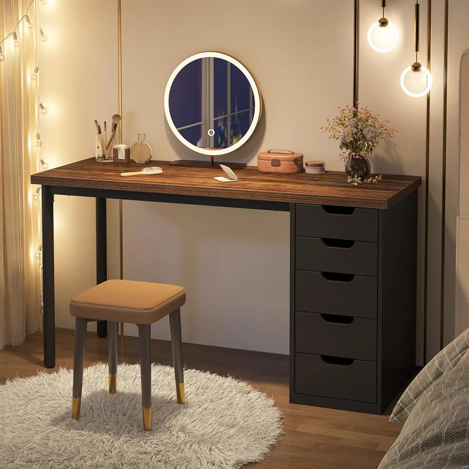 Tribesigns Computer Desk with 5 Drawers, 47 inches Rustic Brown Home Office Desk with Storage, Modern Simple Laptop Desk Study Writing Table for Small Spaces (1, Brown Black)