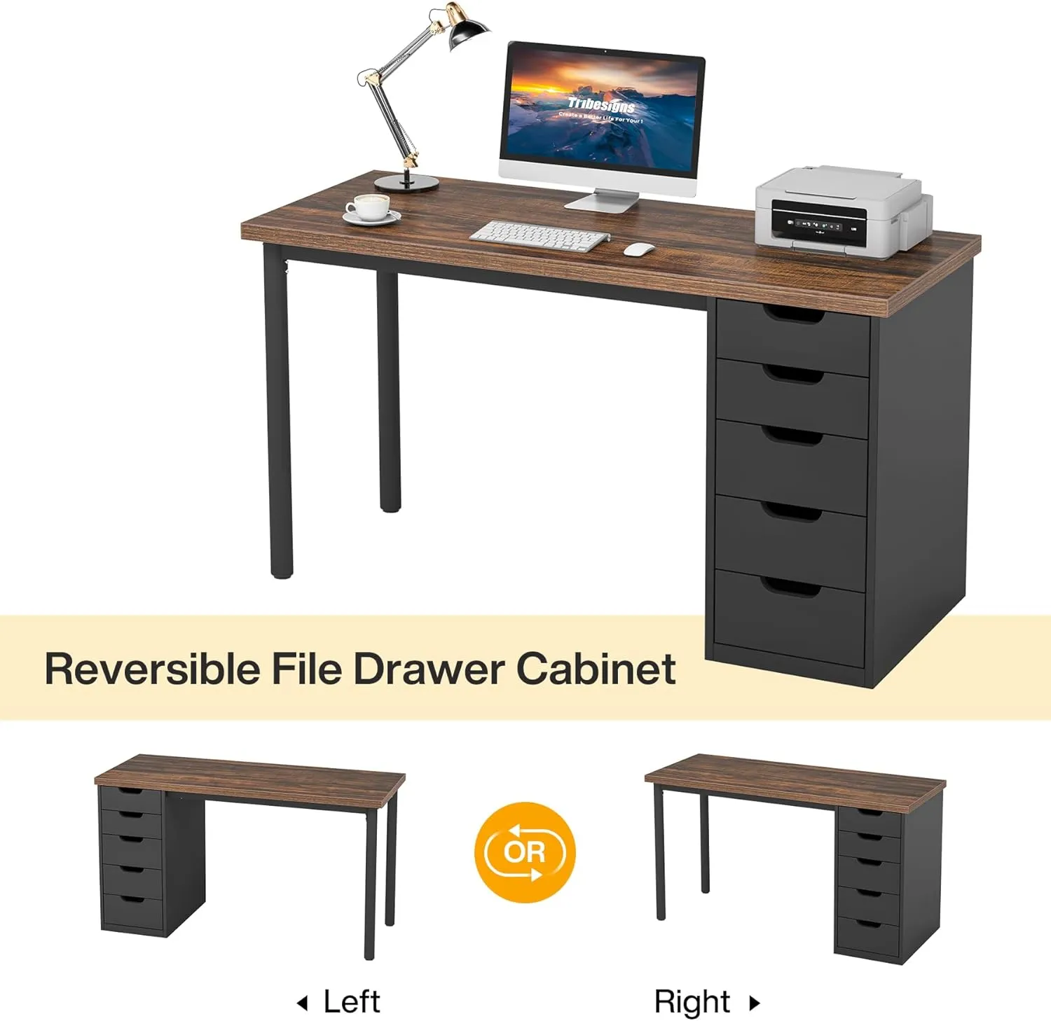Tribesigns Computer Desk with 5 Drawers, 47 inches Rustic Brown Home Office Desk with Storage, Modern Simple Laptop Desk Study Writing Table for Small Spaces (1, Brown Black)