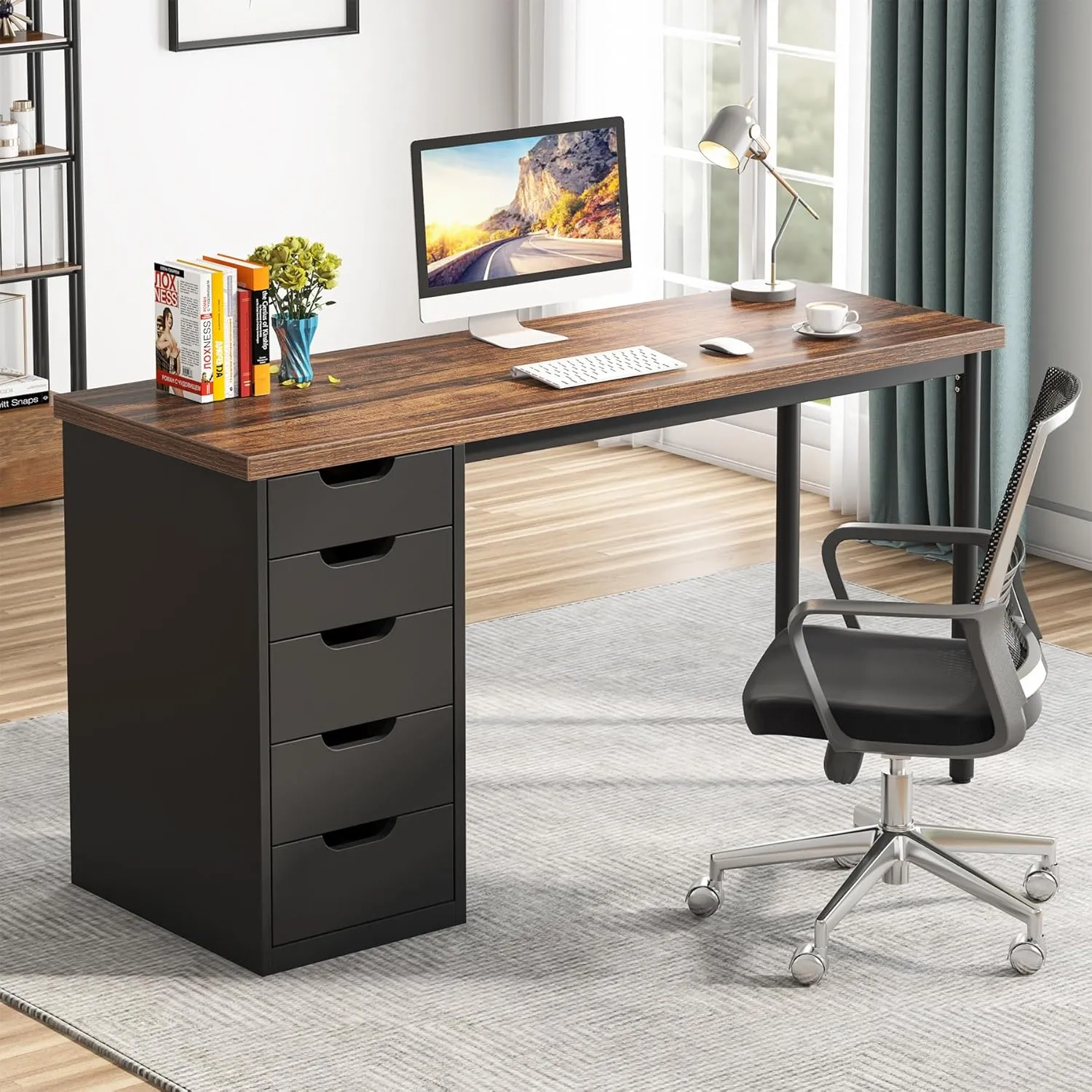 Tribesigns Computer Desk with 5 Drawers, 47 inches Rustic Brown Home Office Desk with Storage, Modern Simple Laptop Desk Study Writing Table for Small Spaces (1, Brown Black)
