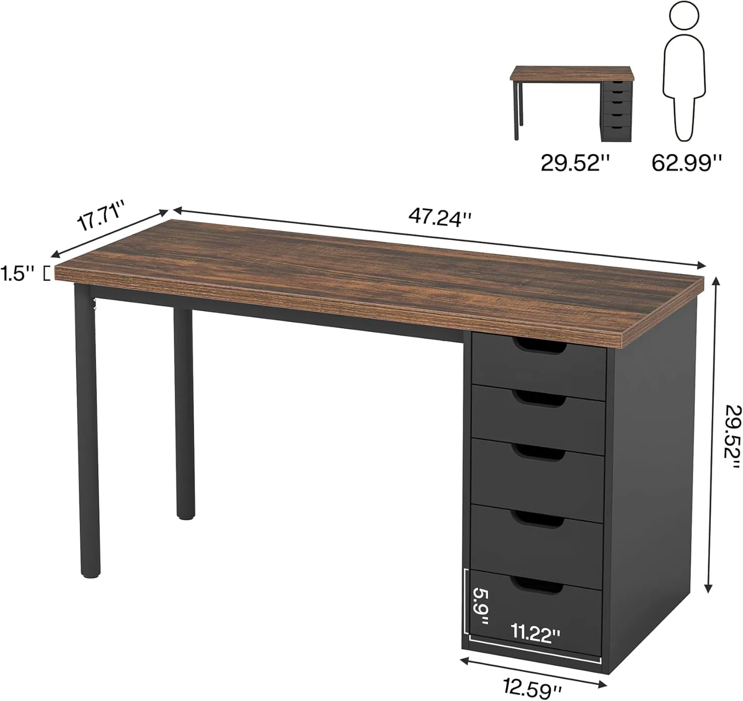 Tribesigns Computer Desk with 5 Drawers, 47 inches Rustic Brown Home Office Desk with Storage, Modern Simple Laptop Desk Study Writing Table for Small Spaces (1, Brown Black)