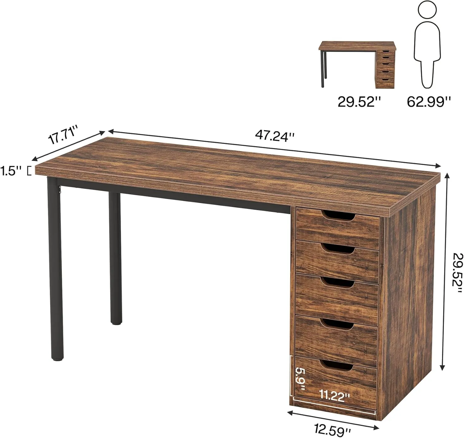 Tribesigns Computer Desk with 5 Drawers, 47 inches Rustic Brown Home Office Desk with Storage, Modern Simple Laptop Desk Study Writing Table for Small Spaces (1, Brown Brown)