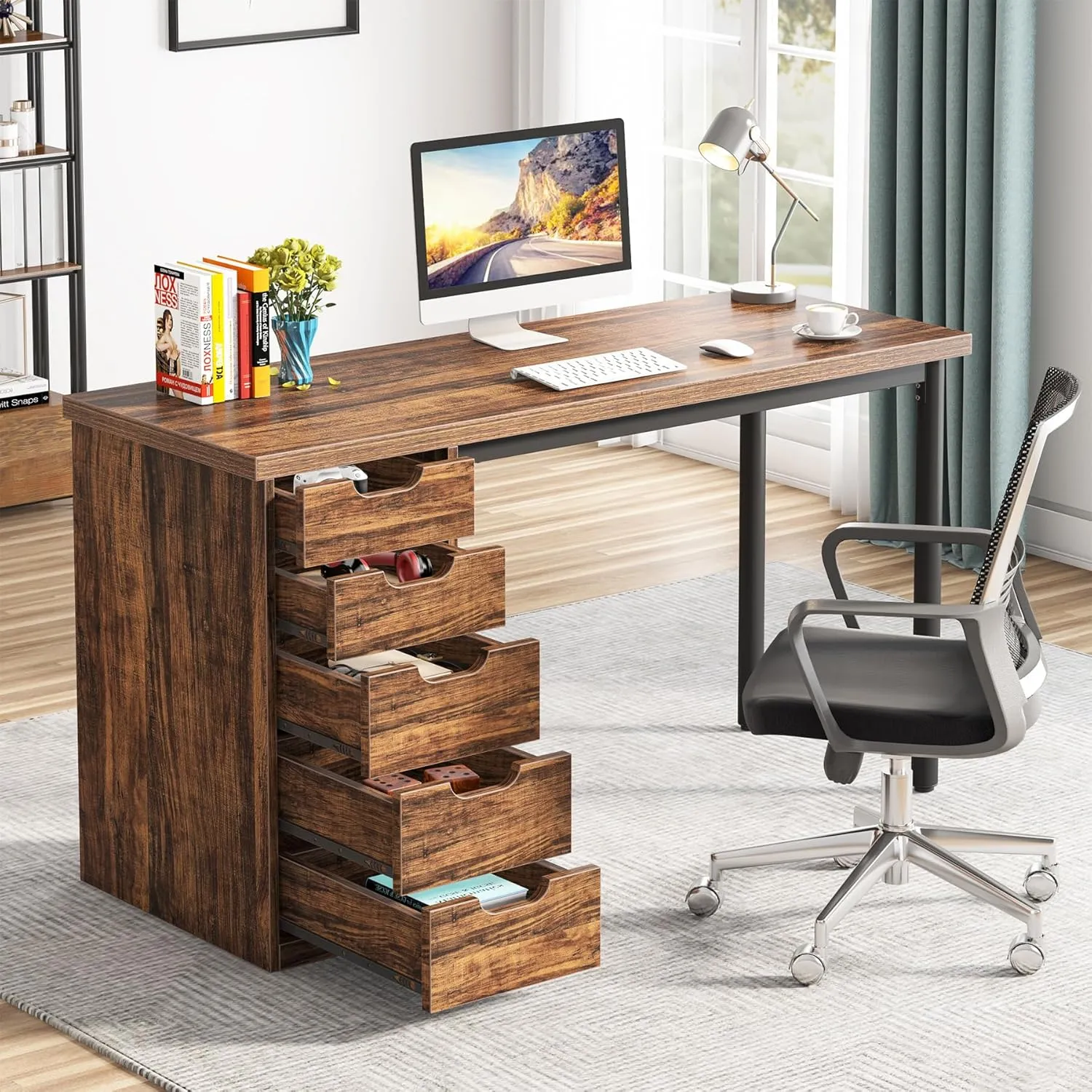 Tribesigns Computer Desk with 5 Drawers, 47 inches Rustic Brown Home Office Desk with Storage, Modern Simple Laptop Desk Study Writing Table for Small Spaces (1, Brown Brown)