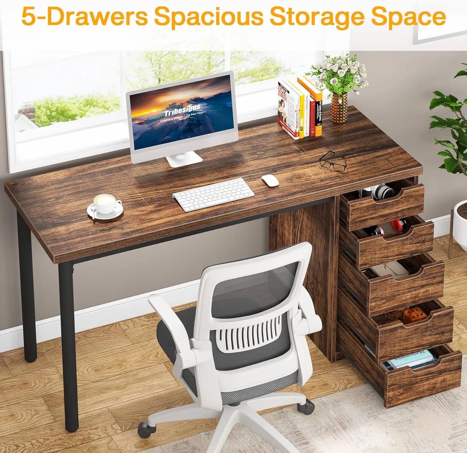 Tribesigns Computer Desk with 5 Drawers, 47 inches Rustic Brown Home Office Desk with Storage, Modern Simple Laptop Desk Study Writing Table for Small Spaces (1, Brown Brown)