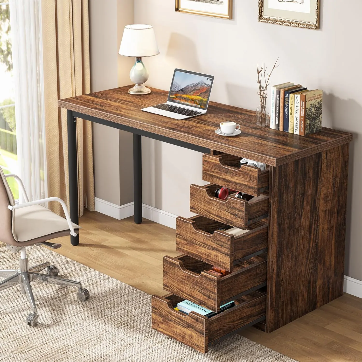 Tribesigns Computer Desk with 5 Drawers, 47 inches Rustic Brown Home Office Desk with Storage, Modern Simple Laptop Desk Study Writing Table for Small Spaces (1, Brown Brown)
