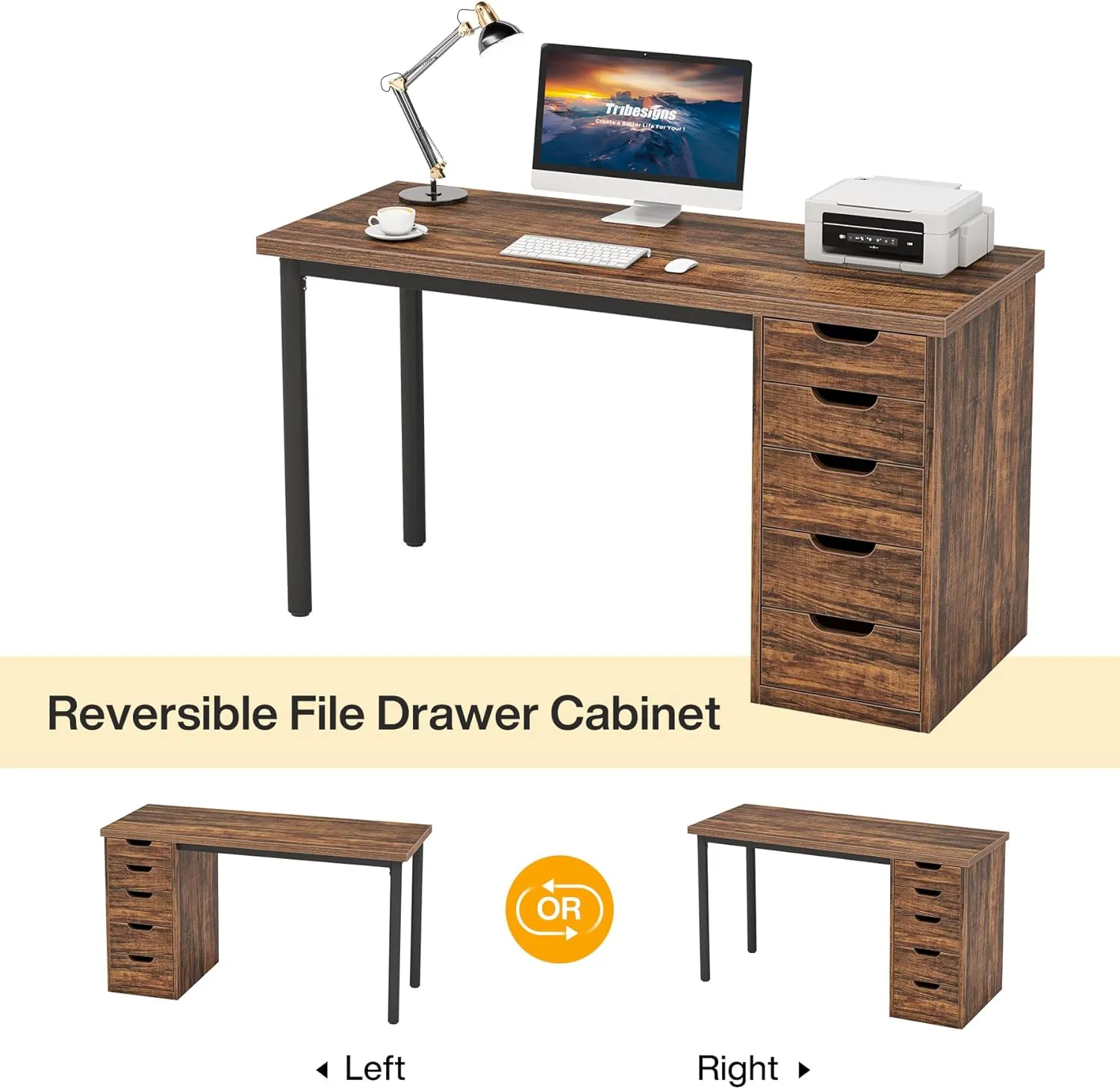Tribesigns Computer Desk with 5 Drawers, 47 inches Rustic Brown Home Office Desk with Storage, Modern Simple Laptop Desk Study Writing Table for Small Spaces (1, Brown Brown)