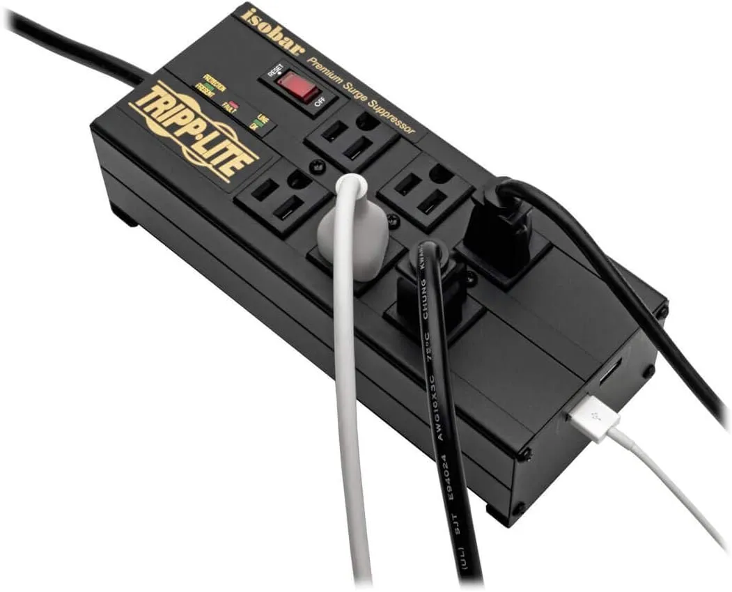 Tripp Lite Isobar 6 Outlet Surge Protector Power Strip with 2 USB Charging Ports,10ft Long Cord,Right-Angle Plug, Metal, 3840 Joules,Lifetime Limited Warranty & $50K Insurance (IBAR6ULTRAUSBB)Black