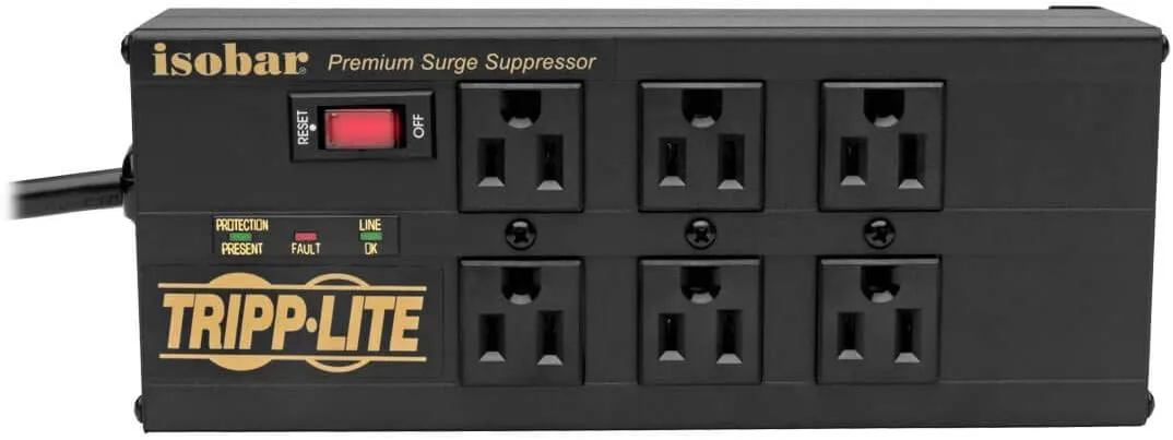 Tripp Lite Isobar 6 Outlet Surge Protector Power Strip with 2 USB Charging Ports,10ft Long Cord,Right-Angle Plug, Metal, 3840 Joules,Lifetime Limited Warranty & $50K Insurance (IBAR6ULTRAUSBB)Black