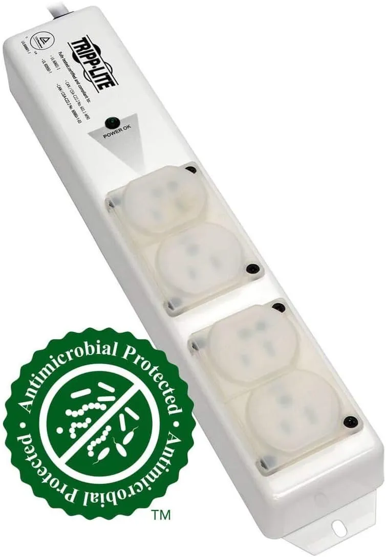 Tripp Lite Safe-IT Hospital-Grade Power Strip for Patient-Care Vicinity, 4 15A HG Outlets, UL 60601-1 Compliant, 6 Foot / 1.8M Cord, Outlet Safety Covers, White (PS-406-HGULTRA)