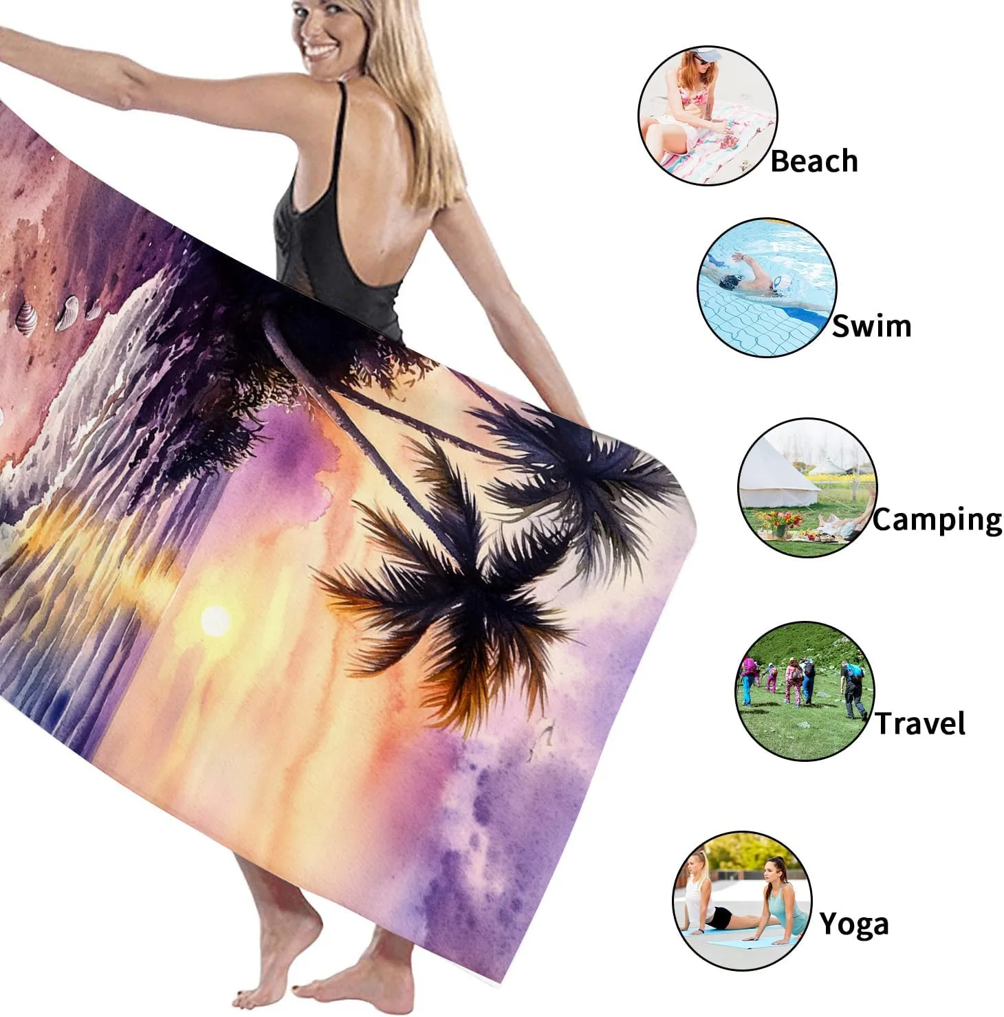 Tropical Sunset Beach Towel Violet Sunset Scene Bath Towel, Quick Dry Absorbent Sand Free Lightweight Beach Blanket, Vacation Travel Pool Gym Picnic Essentials 62x31 Inch