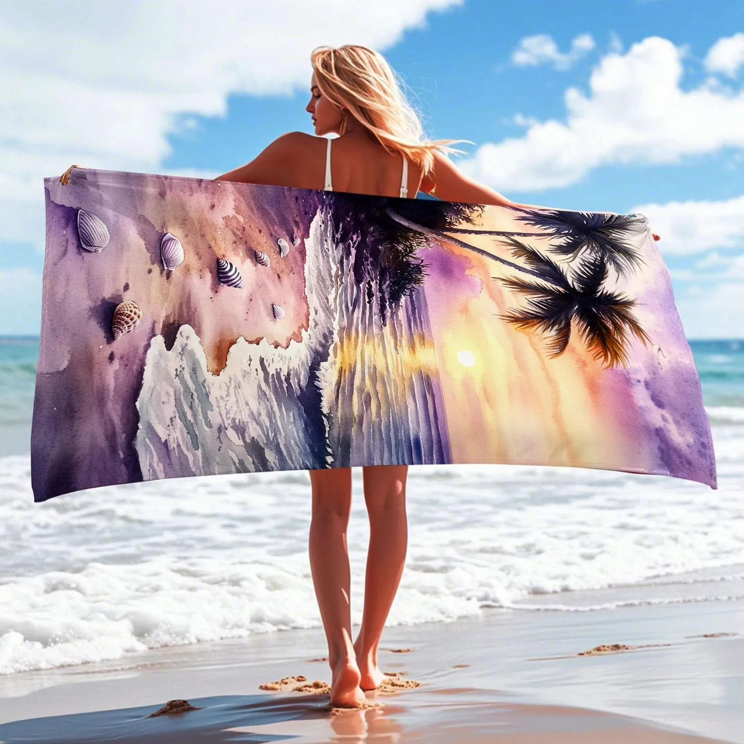 Tropical Sunset Beach Towel Violet Sunset Scene Bath Towel, Quick Dry Absorbent Sand Free Lightweight Beach Blanket, Vacation Travel Pool Gym Picnic Essentials 62x31 Inch