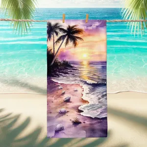 Tropical Sunset Beach Towel Violet Sunset Scene Bath Towel, Quick Dry Absorbent Sand Free Lightweight Beach Blanket, Vacation Travel Pool Gym Picnic Essentials 62x31 Inch