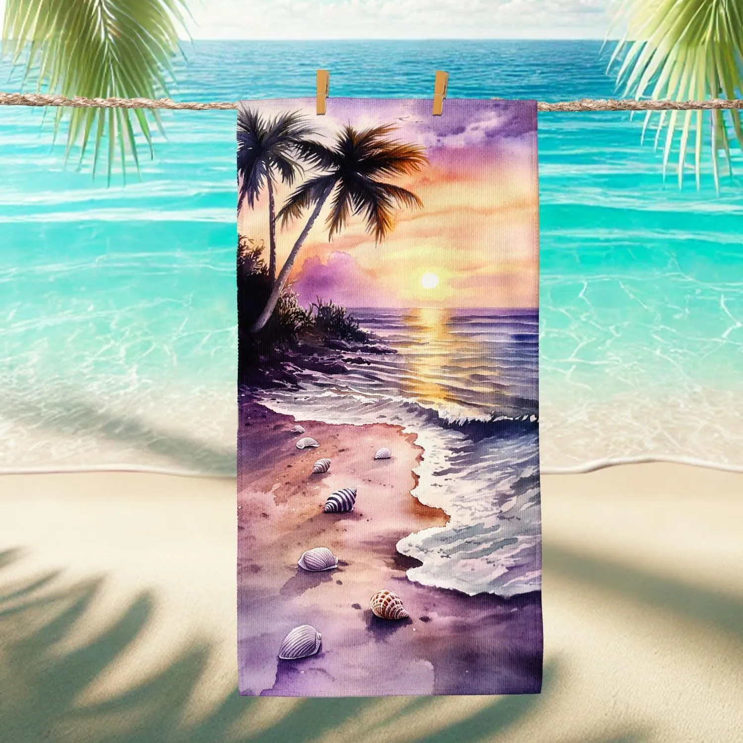Tropical Sunset Beach Towel Violet Sunset Scene Bath Towel, Quick Dry Absorbent Sand Free Lightweight Beach Blanket, Vacation Travel Pool Gym Picnic Essentials 62x31 Inch