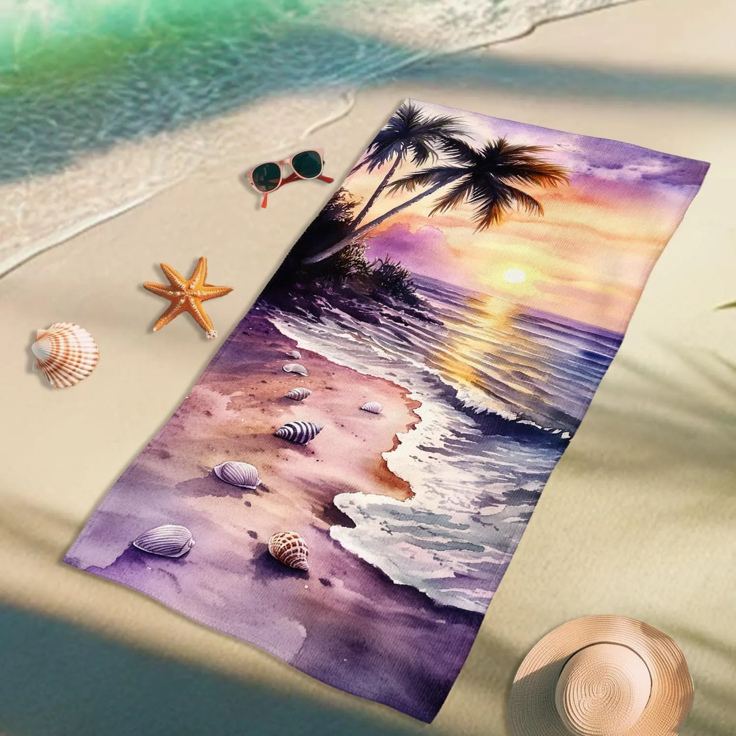 Tropical Sunset Beach Towel Violet Sunset Scene Bath Towel, Quick Dry Absorbent Sand Free Lightweight Beach Blanket, Vacation Travel Pool Gym Picnic Essentials 62x31 Inch