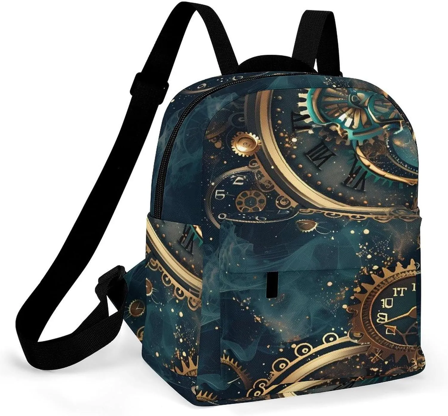 Two Steampunk Clocks with Gears Mini Backpack Print Shoulder Bag Casual Daypack Handbags Purse for Women