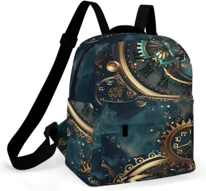 Two Steampunk Clocks with Gears Mini Backpack Print Shoulder Bag Casual Daypack Handbags Purse for Women