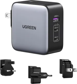 UGREEN 65W USB C Charger, Nexode 3 Port Travel GaN Fast International Power Adapter With US UK EU Plug for MacBook Pro/Air, Dell XPS, iPhone 16/15, iPad, Galaxy S24, Steam Deck