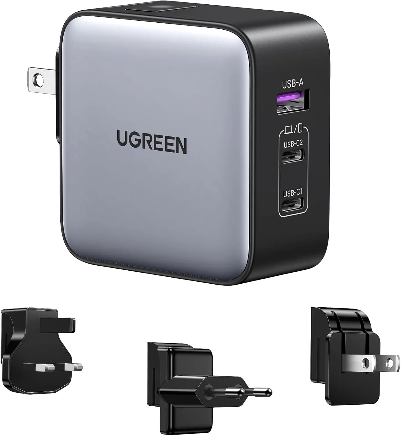 UGREEN 65W USB C Charger, Nexode 3 Port Travel GaN Fast International Power Adapter With US UK EU Plug for MacBook Pro/Air, Dell XPS, iPhone 16/15, iPad, Galaxy S24, Steam Deck