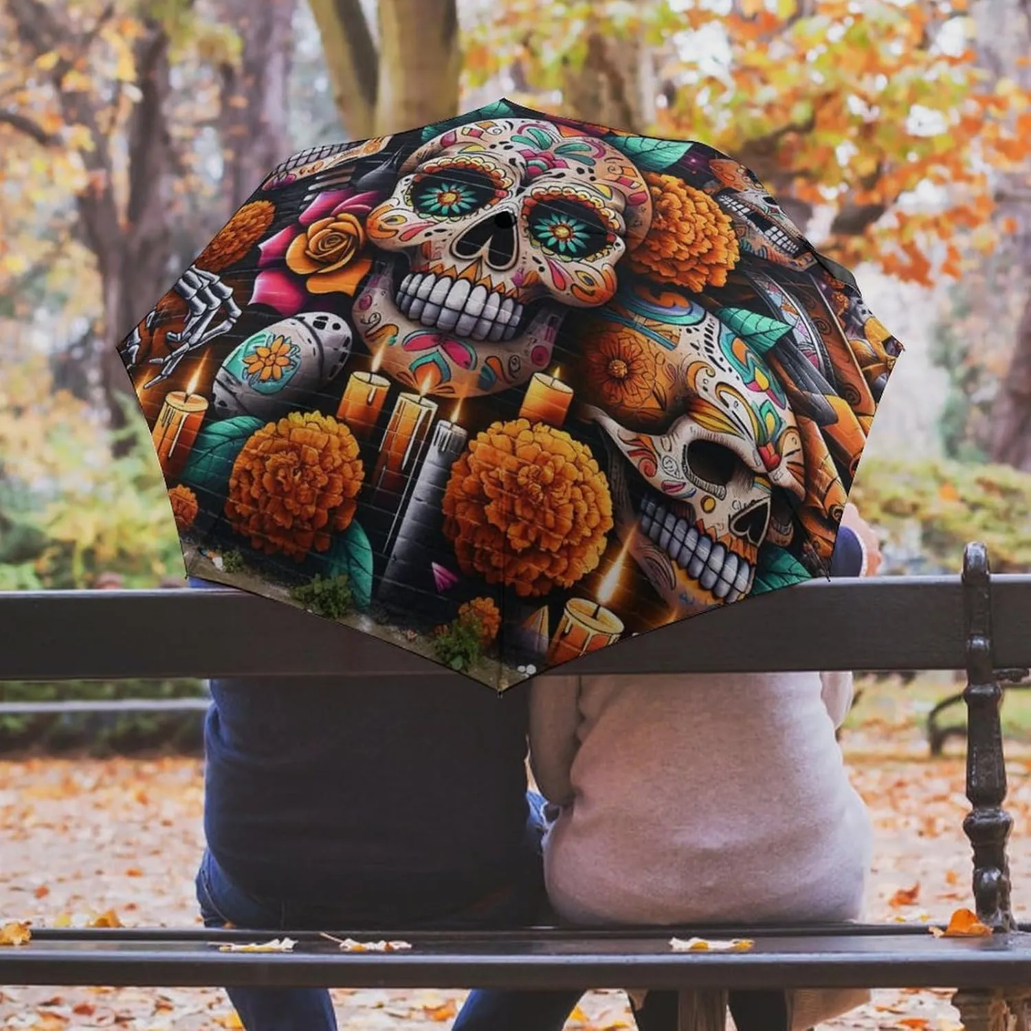 Umbrella Compact Folding Floral Skull Travel Umbrella Auto Open And Close for Windproof, Rainproof