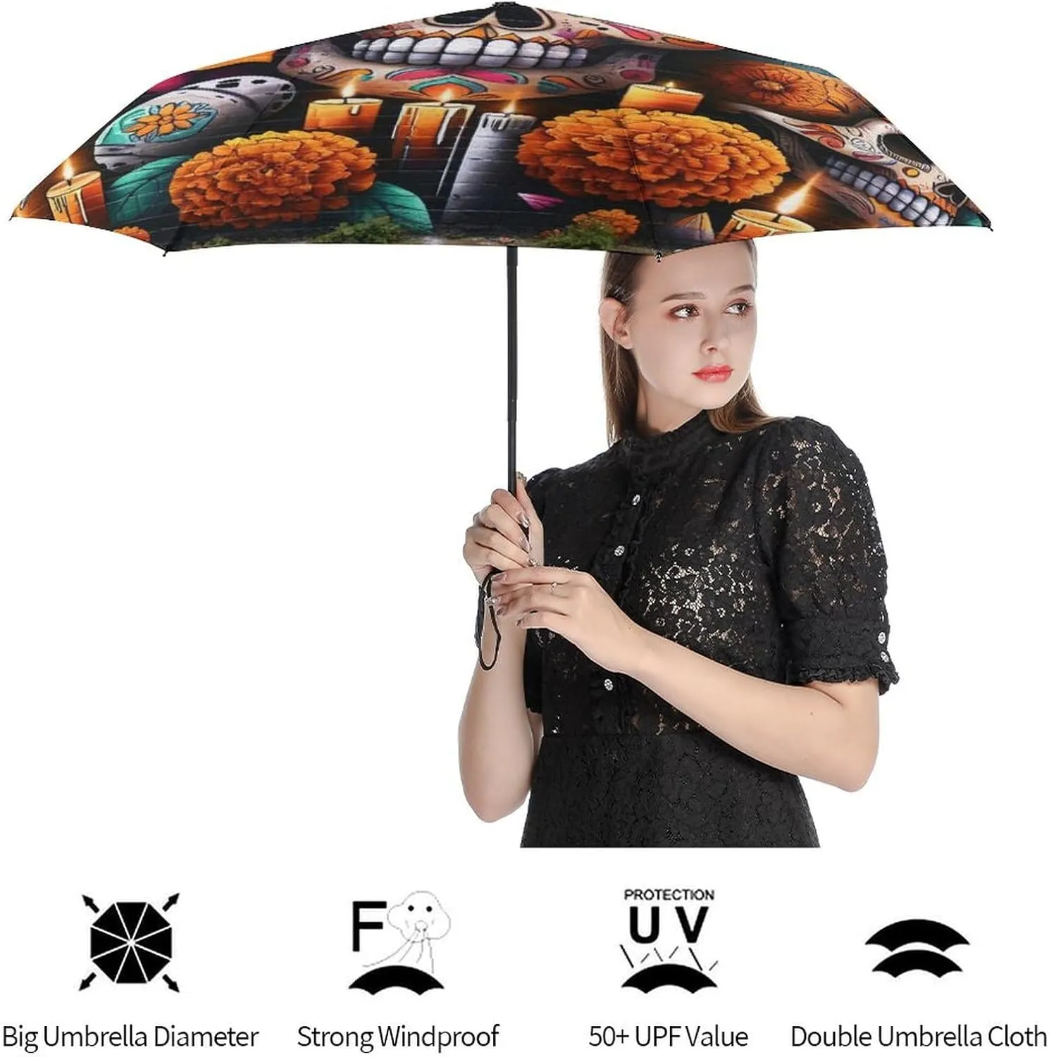 Umbrella Compact Folding Floral Skull Travel Umbrella Auto Open And Close for Windproof, Rainproof