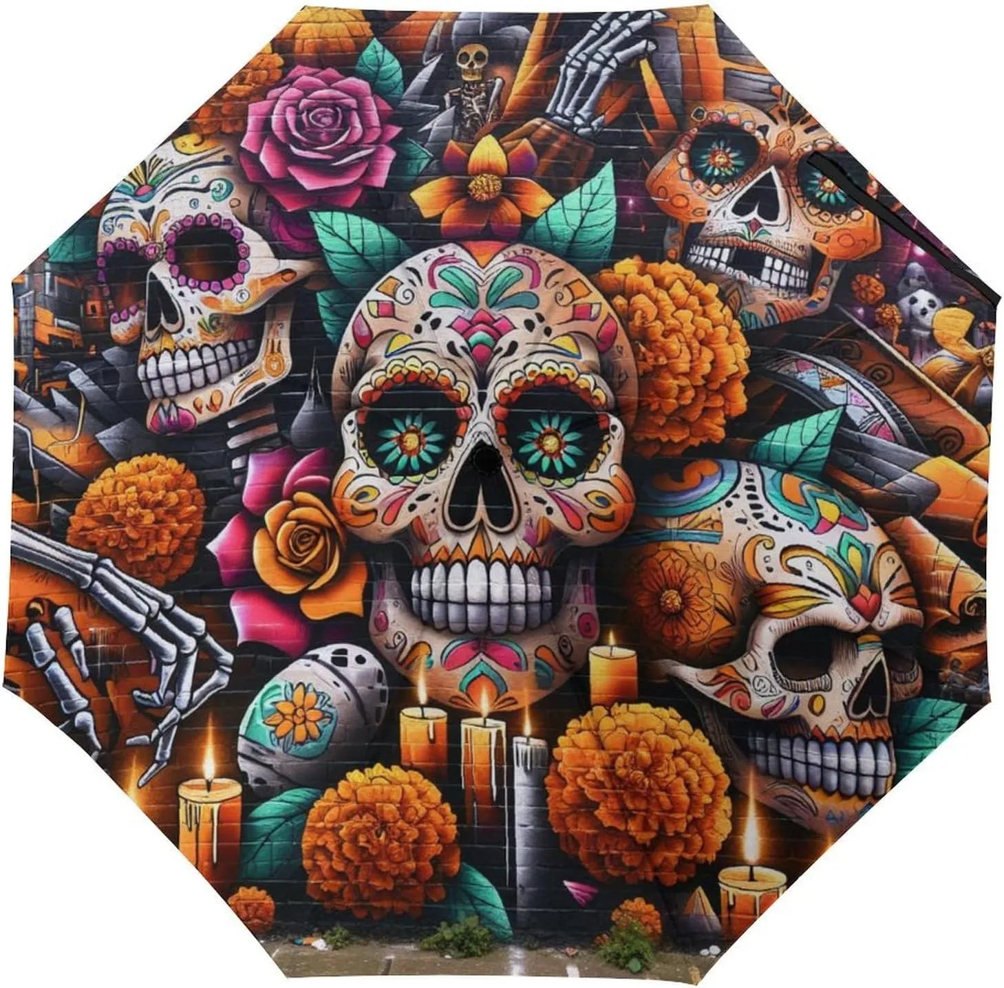 Umbrella Compact Folding Floral Skull Travel Umbrella Auto Open And Close for Windproof, Rainproof