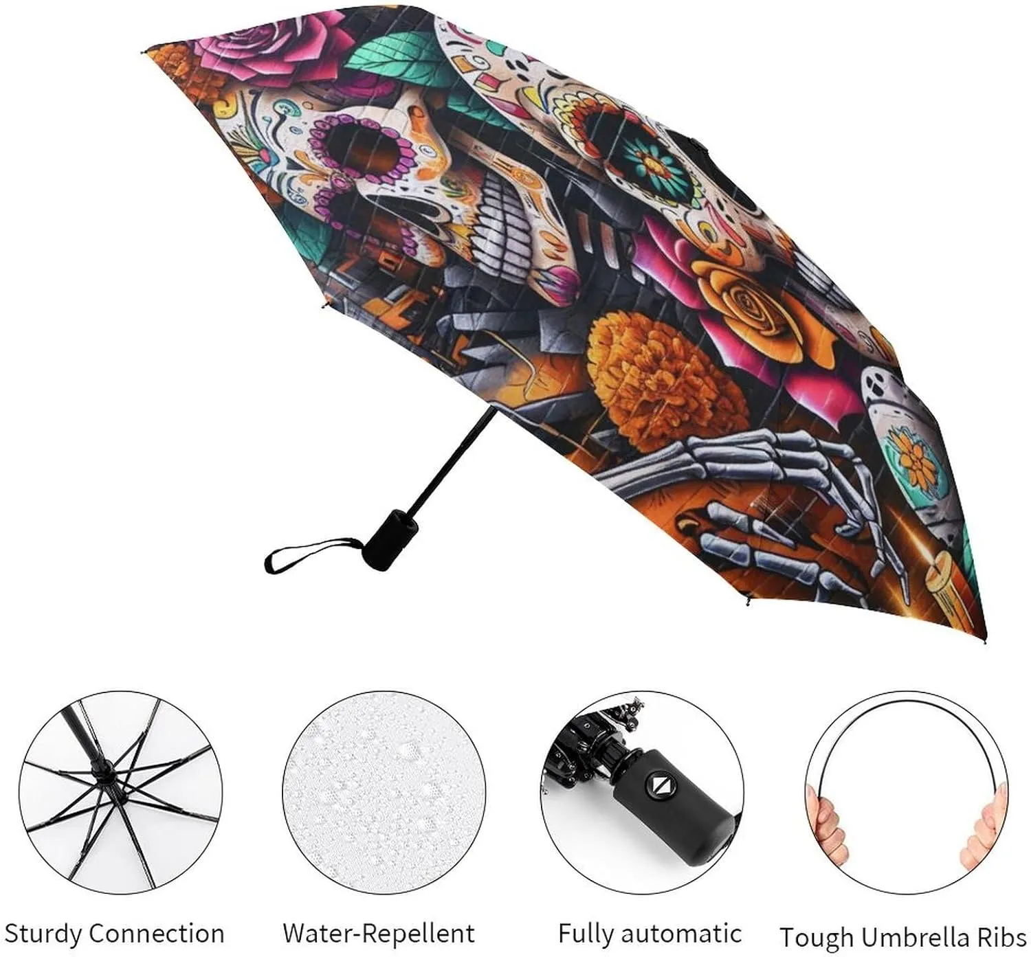 Umbrella Compact Folding Floral Skull Travel Umbrella Auto Open And Close for Windproof, Rainproof