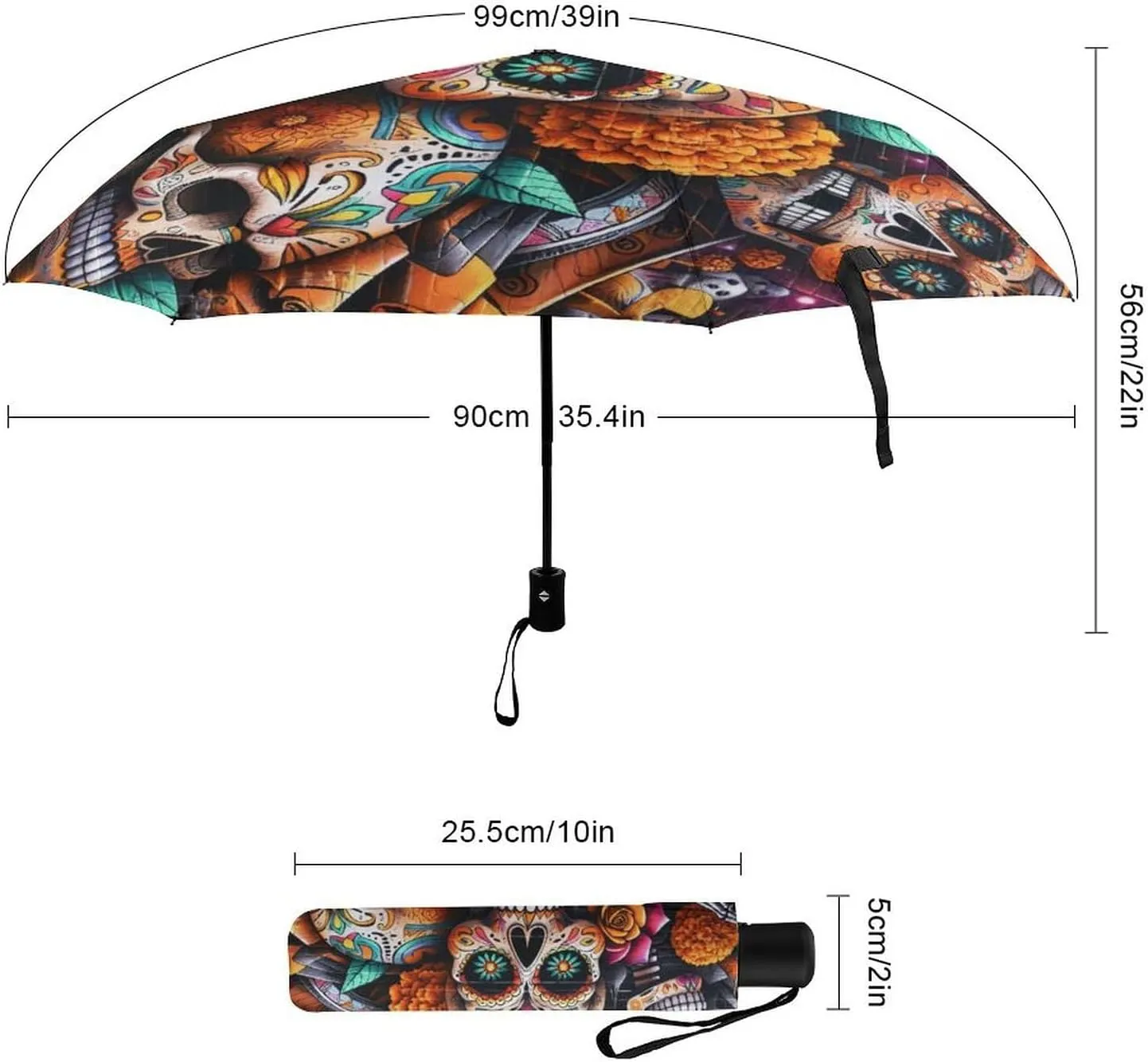 Umbrella Compact Folding Floral Skull Travel Umbrella Auto Open And Close for Windproof, Rainproof