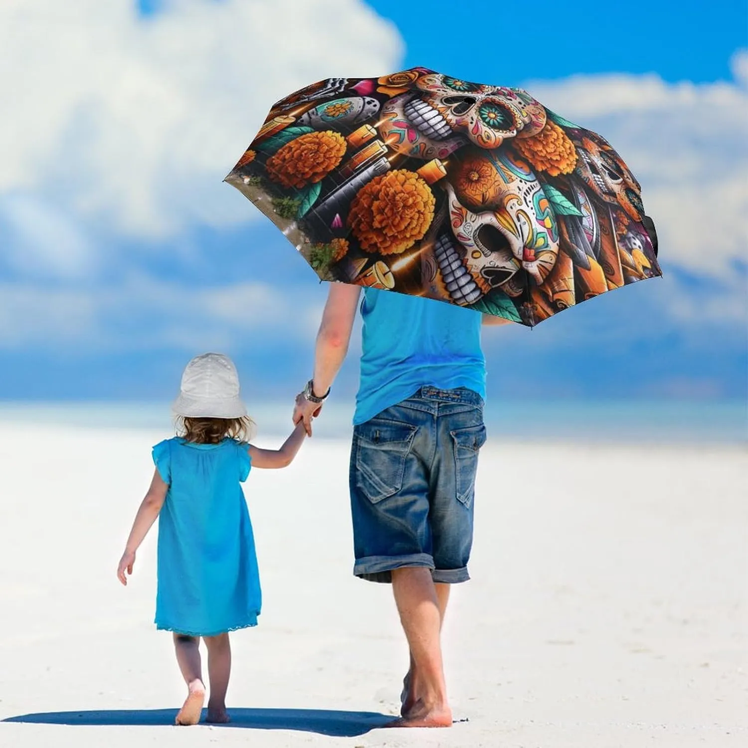 Umbrella Compact Folding Floral Skull Travel Umbrella Auto Open And Close for Windproof, Rainproof