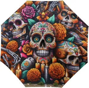 Umbrella Compact Folding Floral Skull Travel Umbrella Auto Open And Close for Windproof, Rainproof