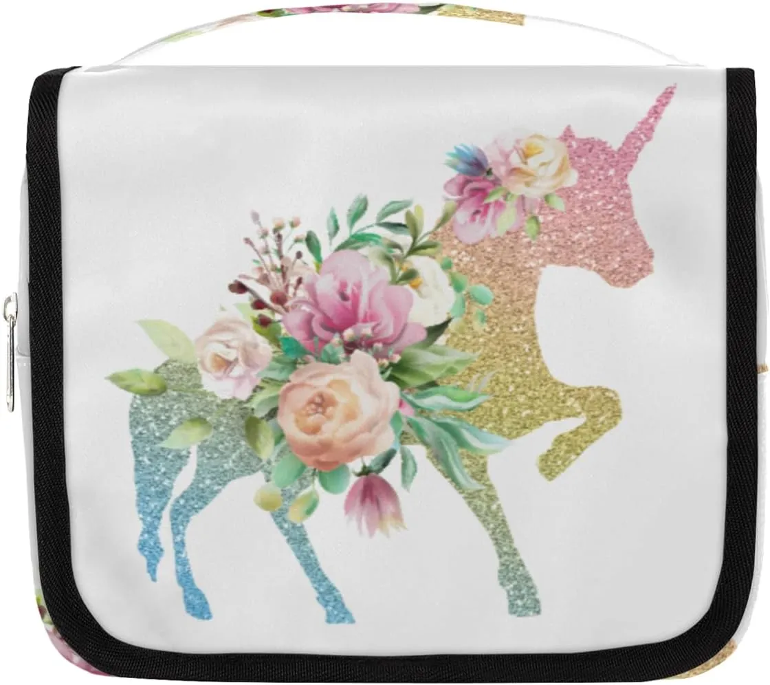Unicorn Flower Hanging Toiletry Makeup Bag with Zipper Pocket Shiny Travel Cosmetic Bag For Full-Sized Shampoo, Conditioner, Brushes Set Waterproof Travel Essentials Toiletry Bags for Women