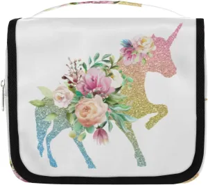 Unicorn Flower Hanging Toiletry Makeup Bag with Zipper Pocket Shiny Travel Cosmetic Bag For Full-Sized Shampoo, Conditioner, Brushes Set Waterproof Travel Essentials Toiletry Bags for Women