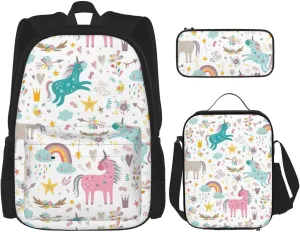 Unicorns Pink Print Versatile Adjustable Shoulder Fashion Backpack Lunch Bag Pencil Case Large Capacity