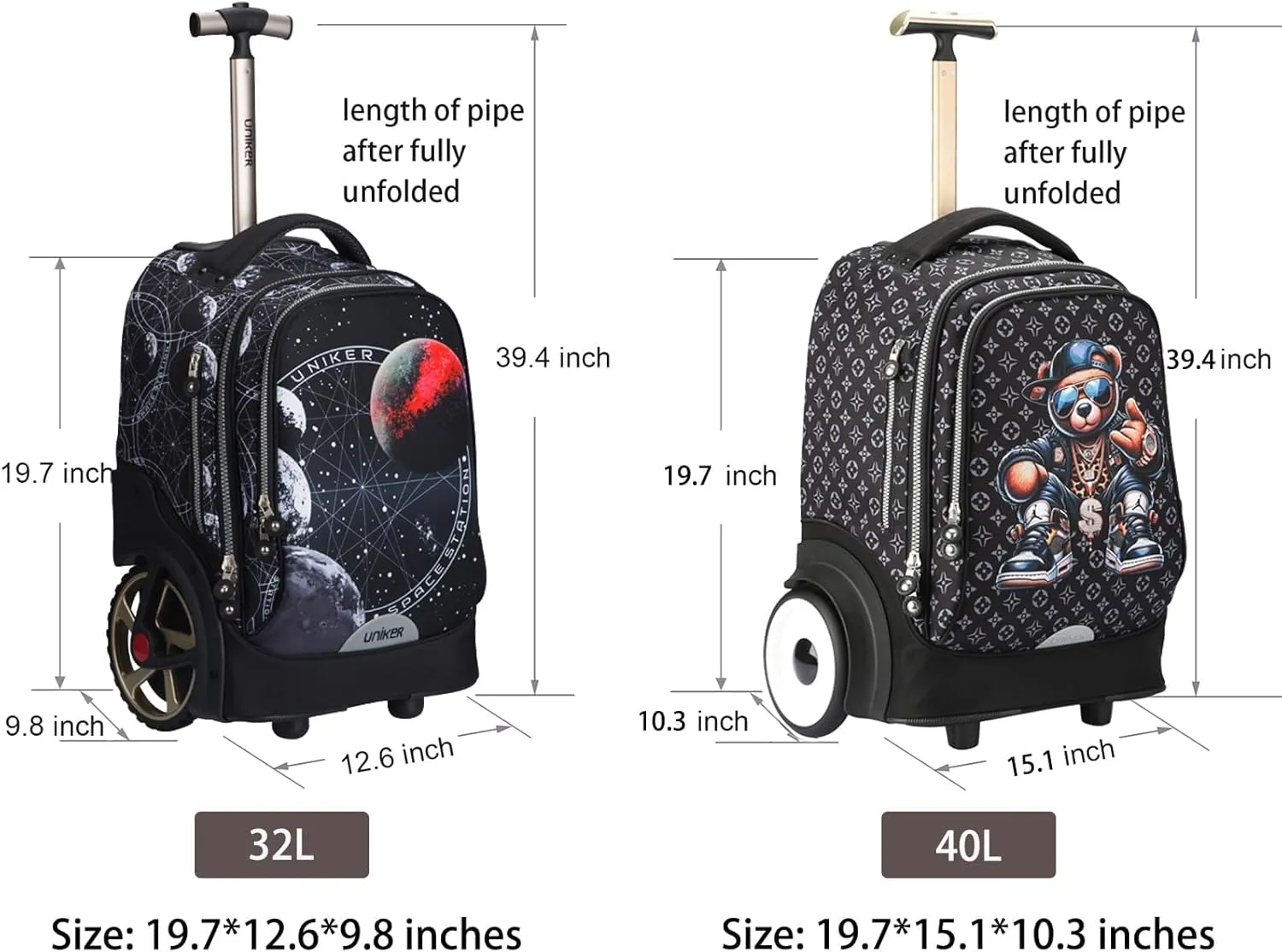 UNIKER Rolling Bag witth Wheels, 40L Water Resistant Wheeled Laptop Backpack, Silent Wheel Travel Backpack for Women Men,T5- Fortune Bear
