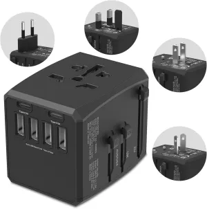 Universal Travel Adapter, International Power Adapter Plug with 4 USB-A and 2 USB-C Ports European Travel Plug Adapter Worldwide Essentials AC Outlet Wall Charger for US Europe UK AUS (Type C/G/A/I)