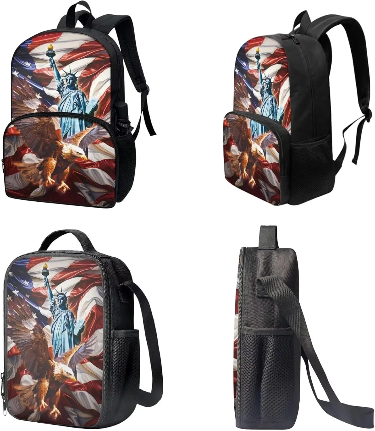 USA Flag Eagle Liberty Status Print Backpack Set for Boys Girls Book Bag 17 Inch Travel Backpacks Large Capacity Rucksack 3 Pack Bookbag Lunch Box Pen Case Daypack