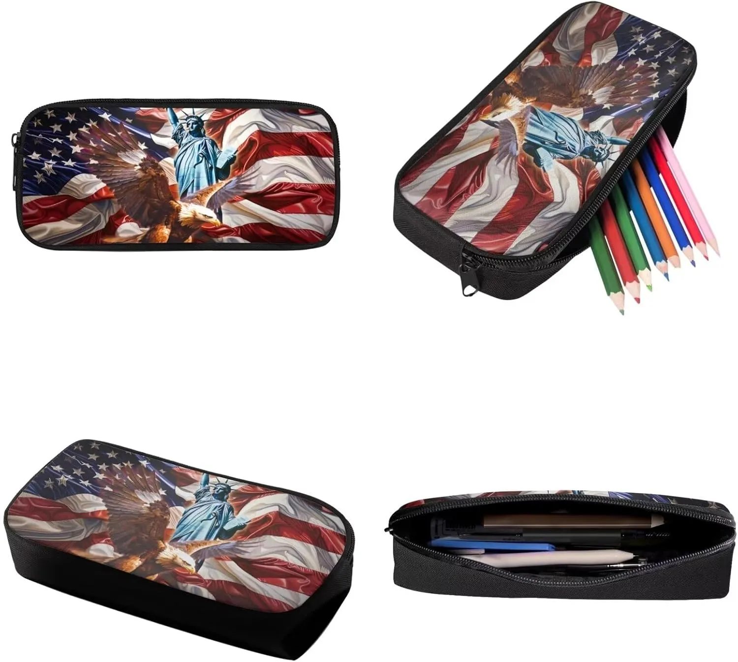 USA Flag Eagle Liberty Status Print Backpack Set for Boys Girls Book Bag 17 Inch Travel Backpacks Large Capacity Rucksack 3 Pack Bookbag Lunch Box Pen Case Daypack