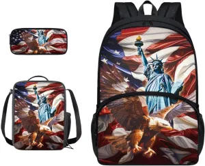 USA Flag Eagle Liberty Status Print Backpack Set for Boys Girls Book Bag 17 Inch Travel Backpacks Large Capacity Rucksack 3 Pack Bookbag Lunch Box Pen Case Daypack