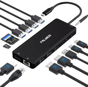 USB C Laptop Docking Station Dual Monitor, 14 in 1 USB C Hub Multiport Adapter Dongle with 2 HDMI, DisplayPort, RJ45, SD/TF, USB C/A Ports, PD, Mic/Audio, Compatible for MacBook Dell HP Lenovo Black