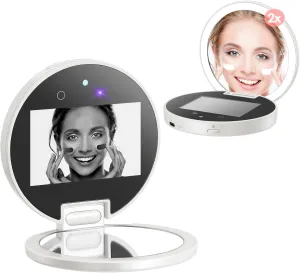 UV Camera for Sunscreen Test UV Mirror Sunscreen Camera, 3.8 Inch Rechargeable 2X Magnifying Vanity Mirror with Light Handheld Double-Sided Pocket Mirror for Skin Protection(White)
