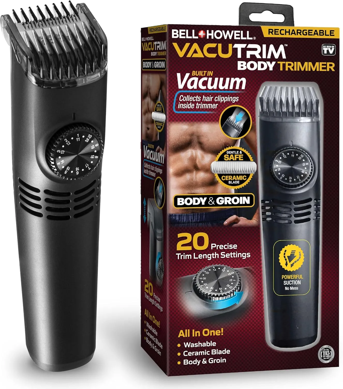 Vacutrim Cordless Body Shaver for Men, Rechargeable Grooming Tool with 20 Trim Settings, Integrated Vacuum System - Black, 7.5", As Seen On TV
