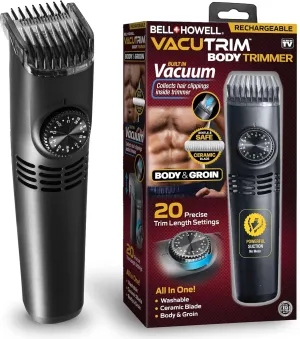 Vacutrim Cordless Body Shaver for Men, Rechargeable Grooming Tool with 20 Trim Settings, Integrated Vacuum System - Black, 7.5", As Seen On TV