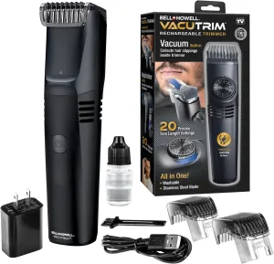 Vacutrim Cordless Mens Beard Trimmer, Rechargeable Electric Shaver with 20 Trim Setting Calibration Dial and Built-in Vacuum for Mustache, Sideburns. Facial Hair, Black, 7.5", As Seen On TV
