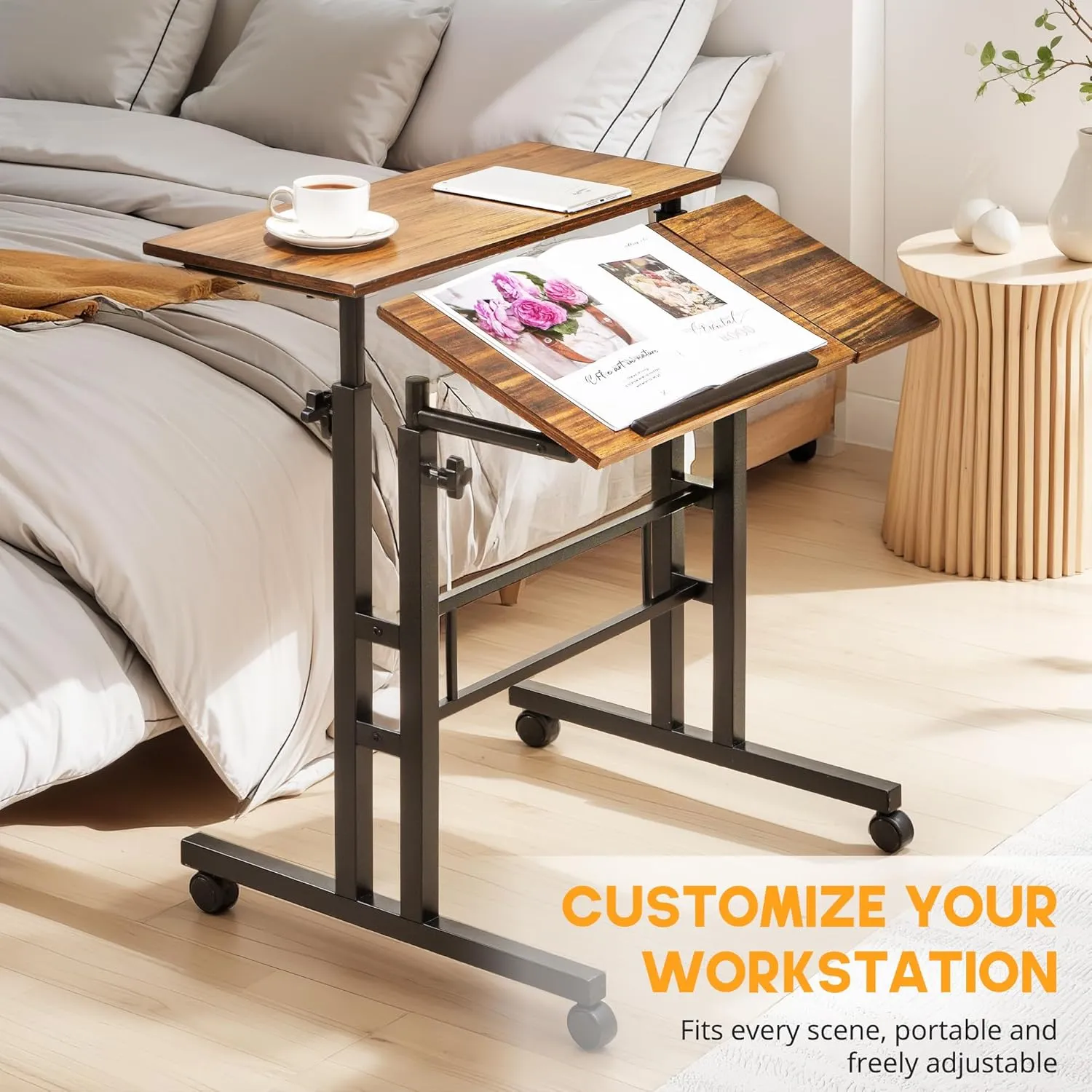 VECELO Mobile Small Standing Desk Adjustable Height, Computer Workstations with Tiltable Tabletop, Lockable Wheels, Portable Rolling Laptop Desk for Home Office, Brown