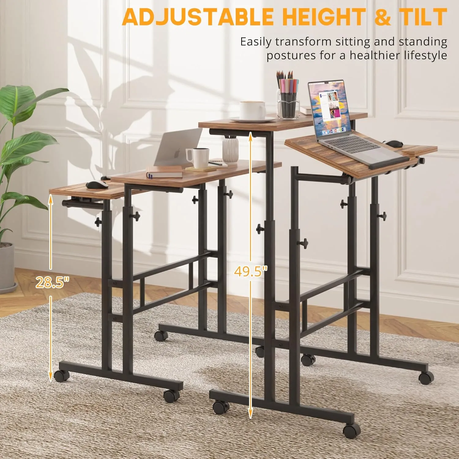 VECELO Mobile Small Standing Desk Adjustable Height, Computer Workstations with Tiltable Tabletop, Lockable Wheels, Portable Rolling Laptop Desk for Home Office, Brown