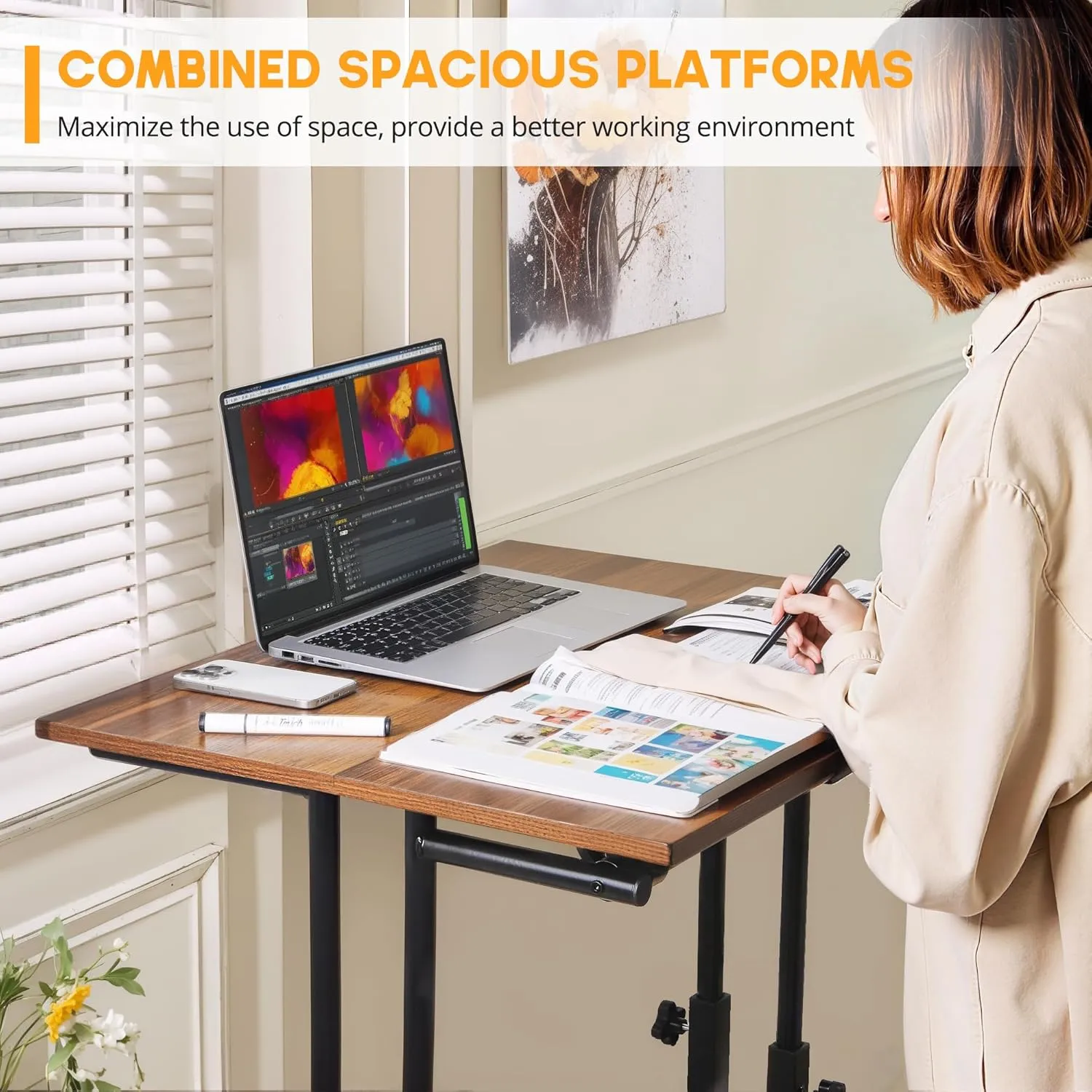 VECELO Mobile Small Standing Desk Adjustable Height, Computer Workstations with Tiltable Tabletop, Lockable Wheels, Portable Rolling Laptop Desk for Home Office, Brown