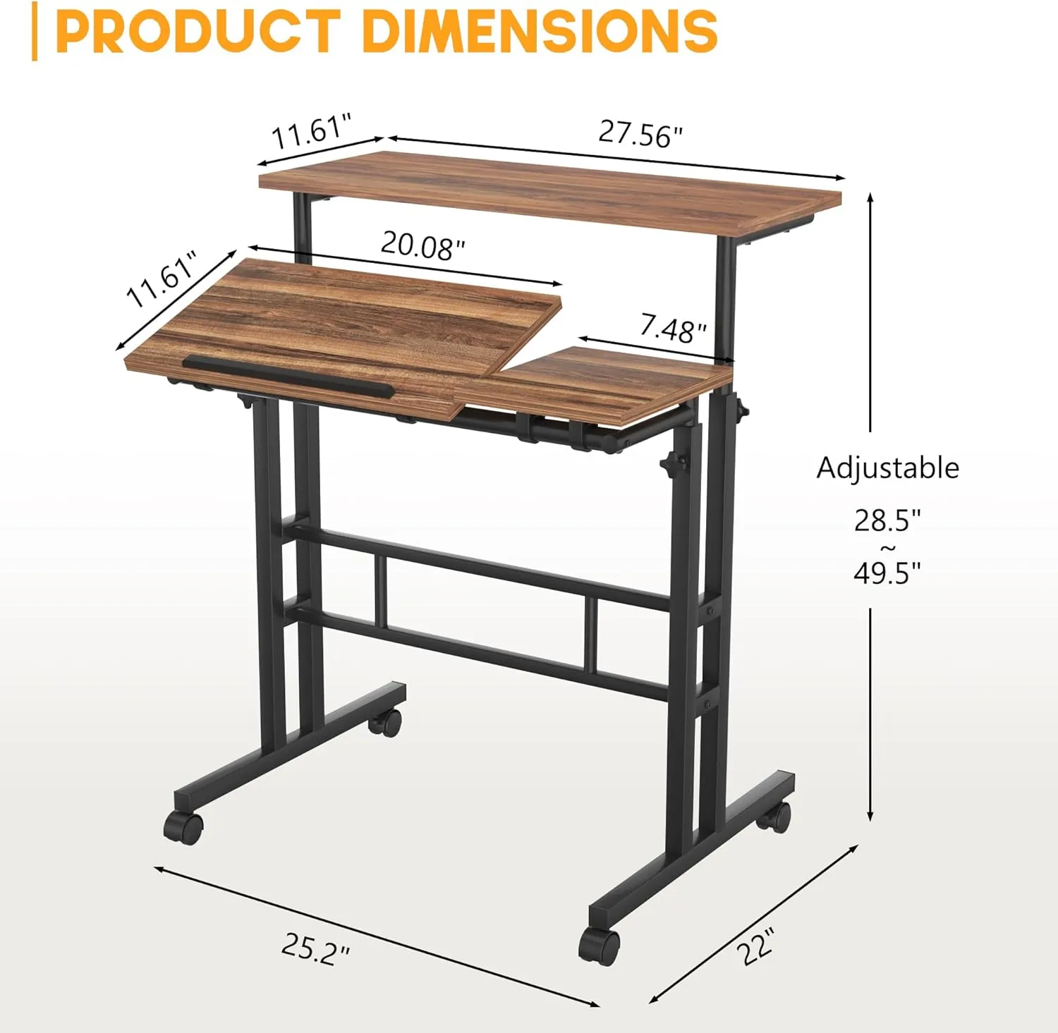 VECELO Mobile Small Standing Desk Adjustable Height, Computer Workstations with Tiltable Tabletop, Lockable Wheels, Portable Rolling Laptop Desk for Home Office, Brown